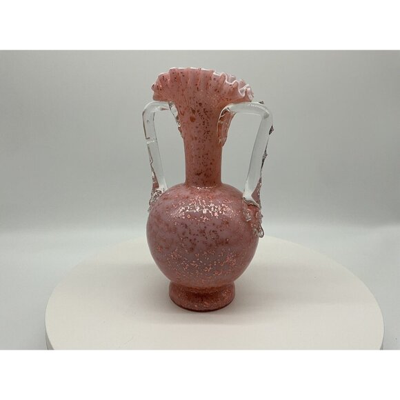 Stevens And Williams VTG Pink Cased Glass Blown Vase w/Thorn Handles Mica Flakes - Picture 3 of 16